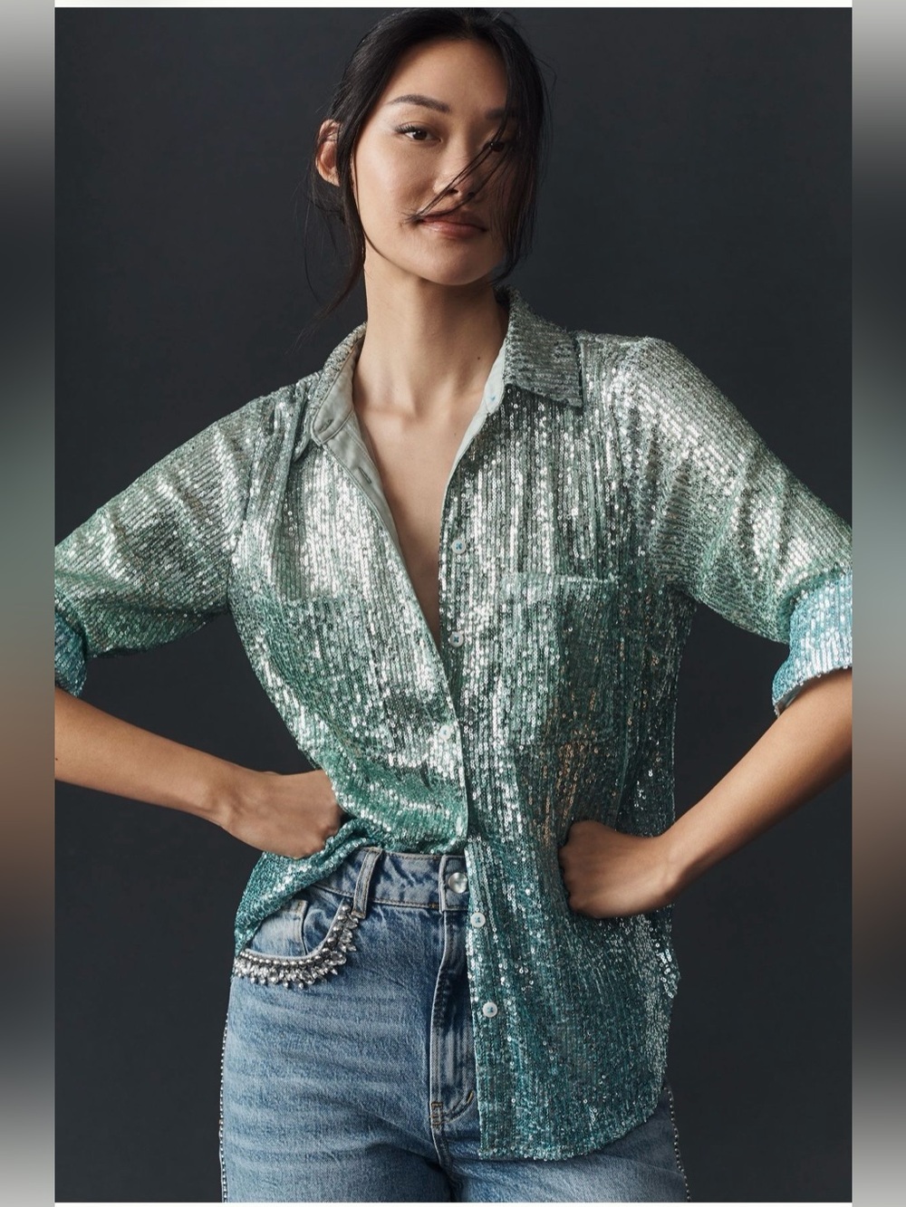 NWT Anthropologie Ombré Sequin Button-Up Shirt - Shimmering Seafoam Green size S